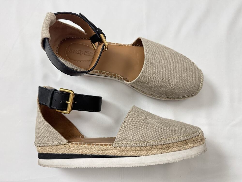 See By Chloe Glyn Espadrille Sandals Size 9 EU39 Beige Canvas Black Calf Leather